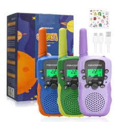FAYOGOO Kids Walkie Talkies show 2 mile range for easy outdoor coordination.