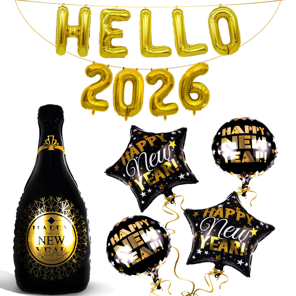 FazBh Hello 2026 gold 16in letters balloons for a bold NYE photo backdrop.