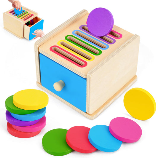 FCSONU Montessori coin sorter box in wood supports budding fine motor skills.