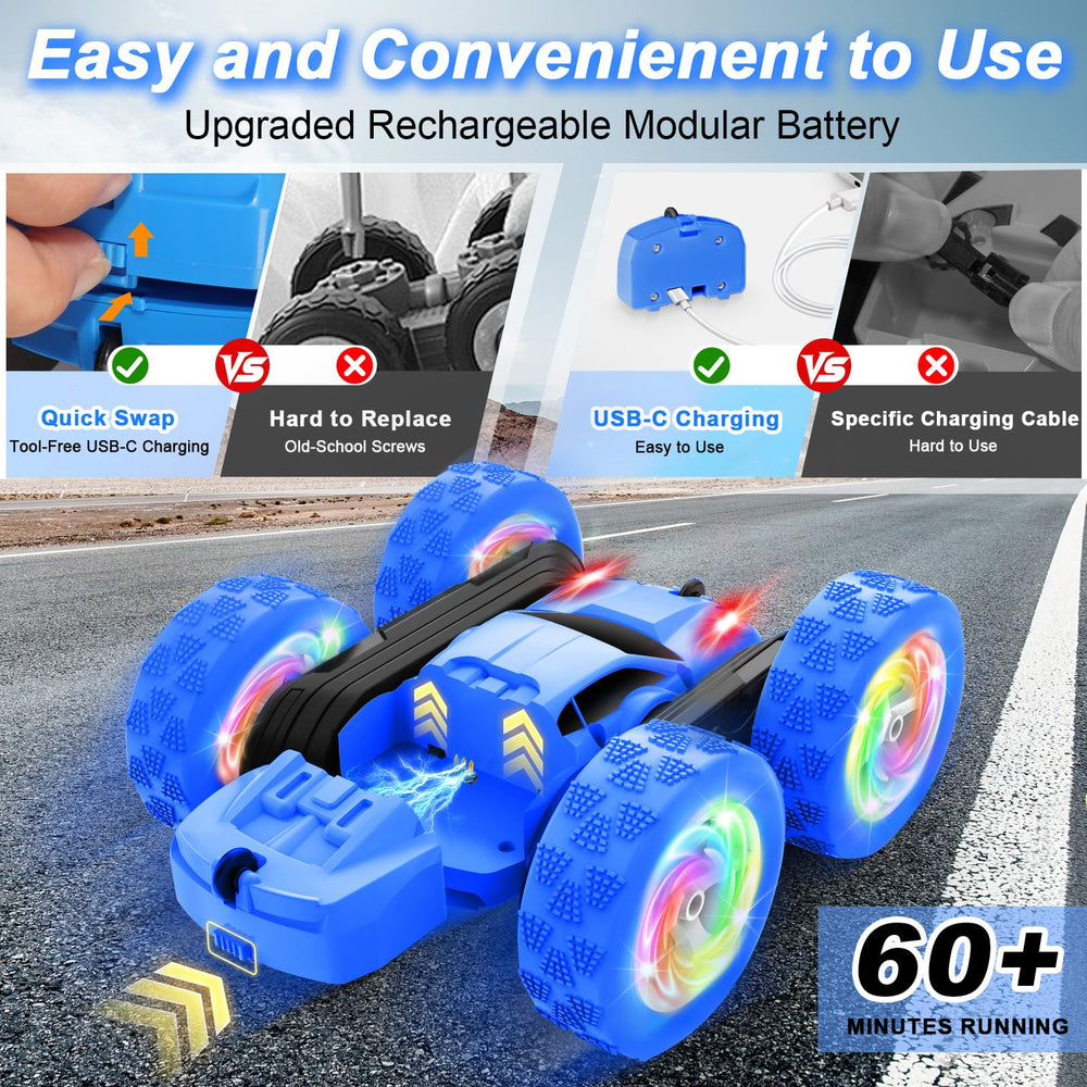 FDCTR blue RC car side view showing double-sided design for flips