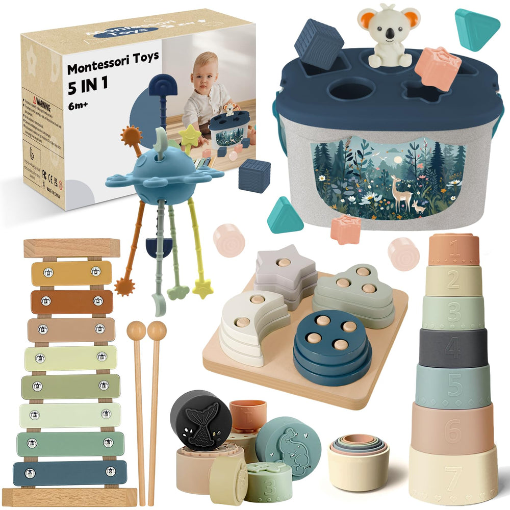 FEBALHS Montessori 5-in-1 set shown for baby exploration with colorful components.