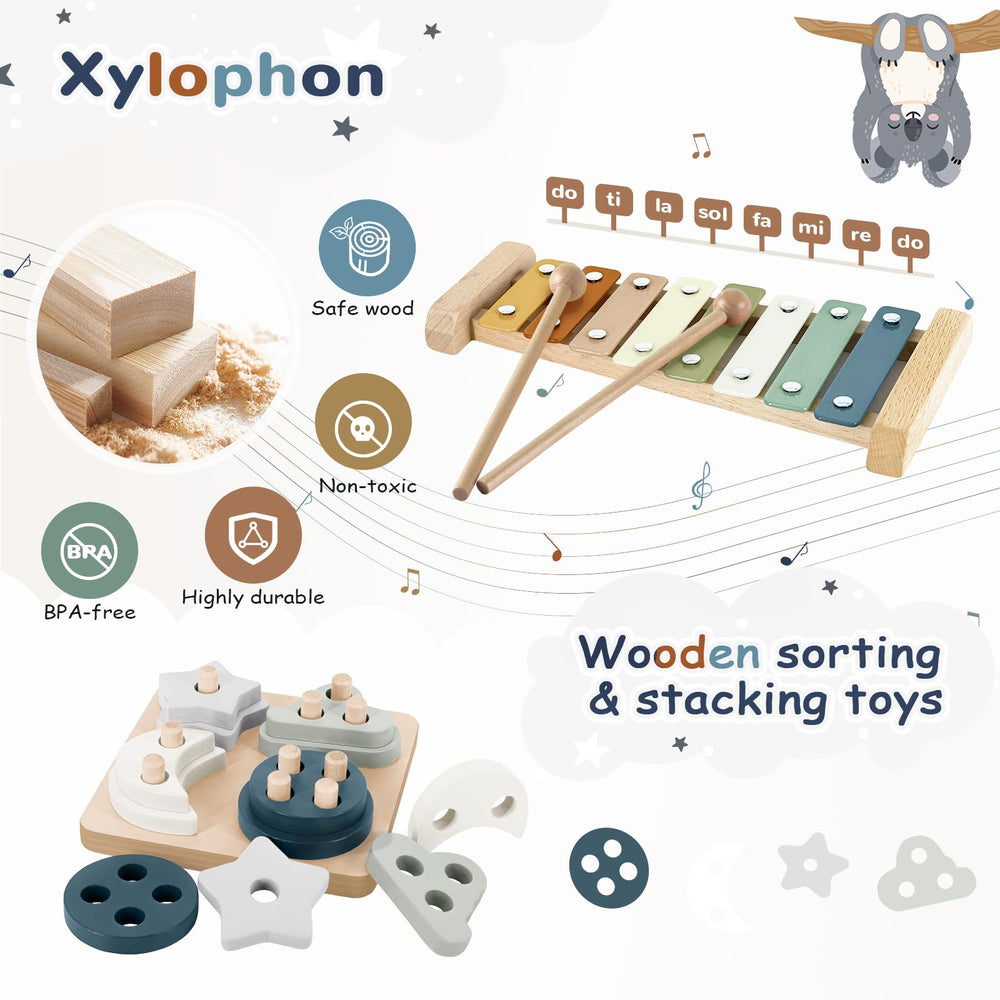 FEBALHS wooden shape sorter bases encouraging stacking and matching.