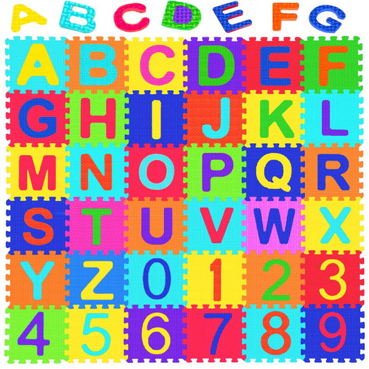 Febyyer 36-tile foam puzzle mat with letters A-Z and numbers for learning.