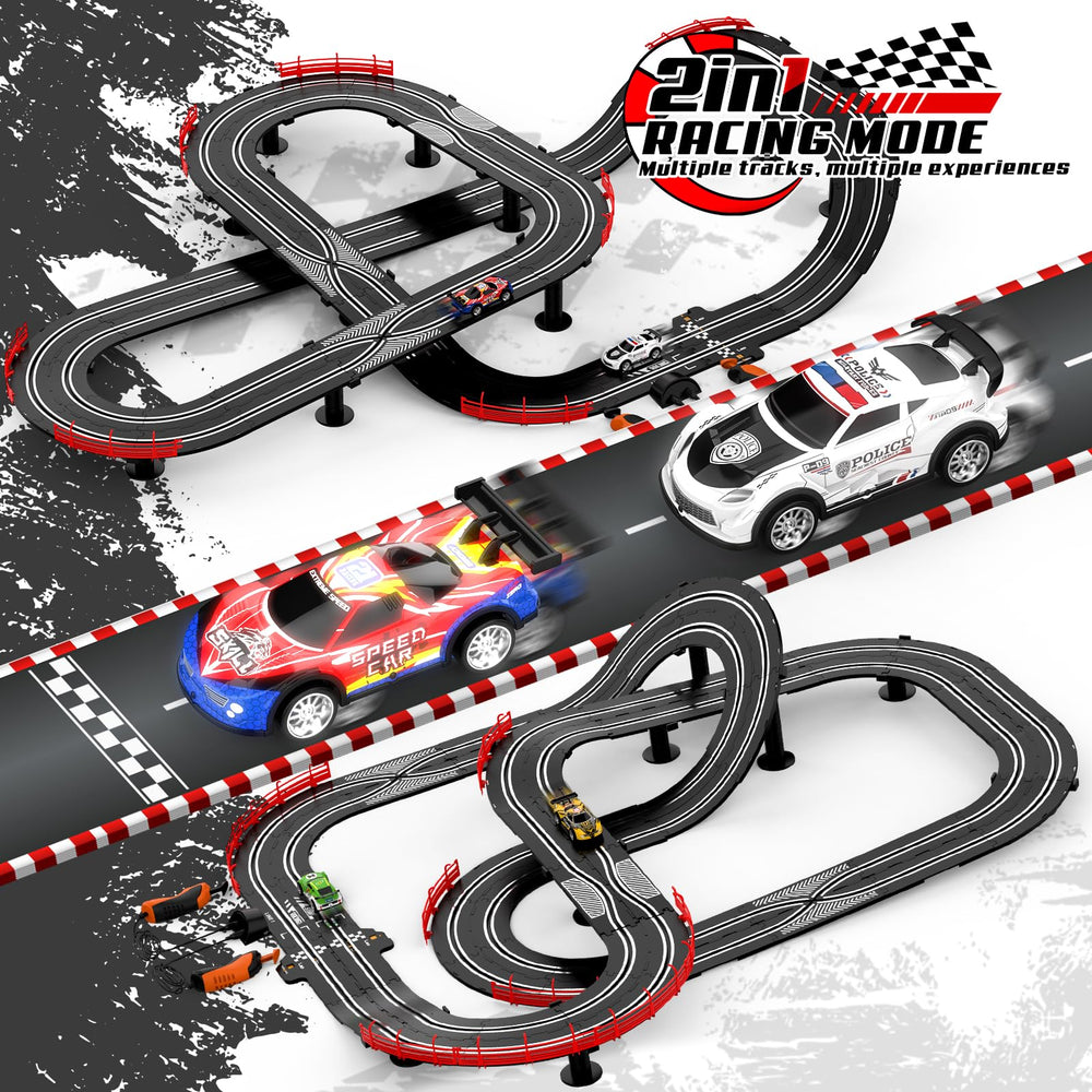 Fedonak 2-in-1 slot car track curved sections enable fast lap battles.