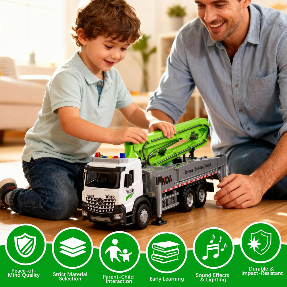 FEIDAMA concrete pump toy with manual outriggers for authentic stability.