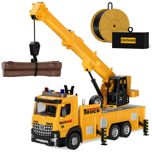 FEIDAMA mobile crane toy front view showing rugged alloy chassis for durable play