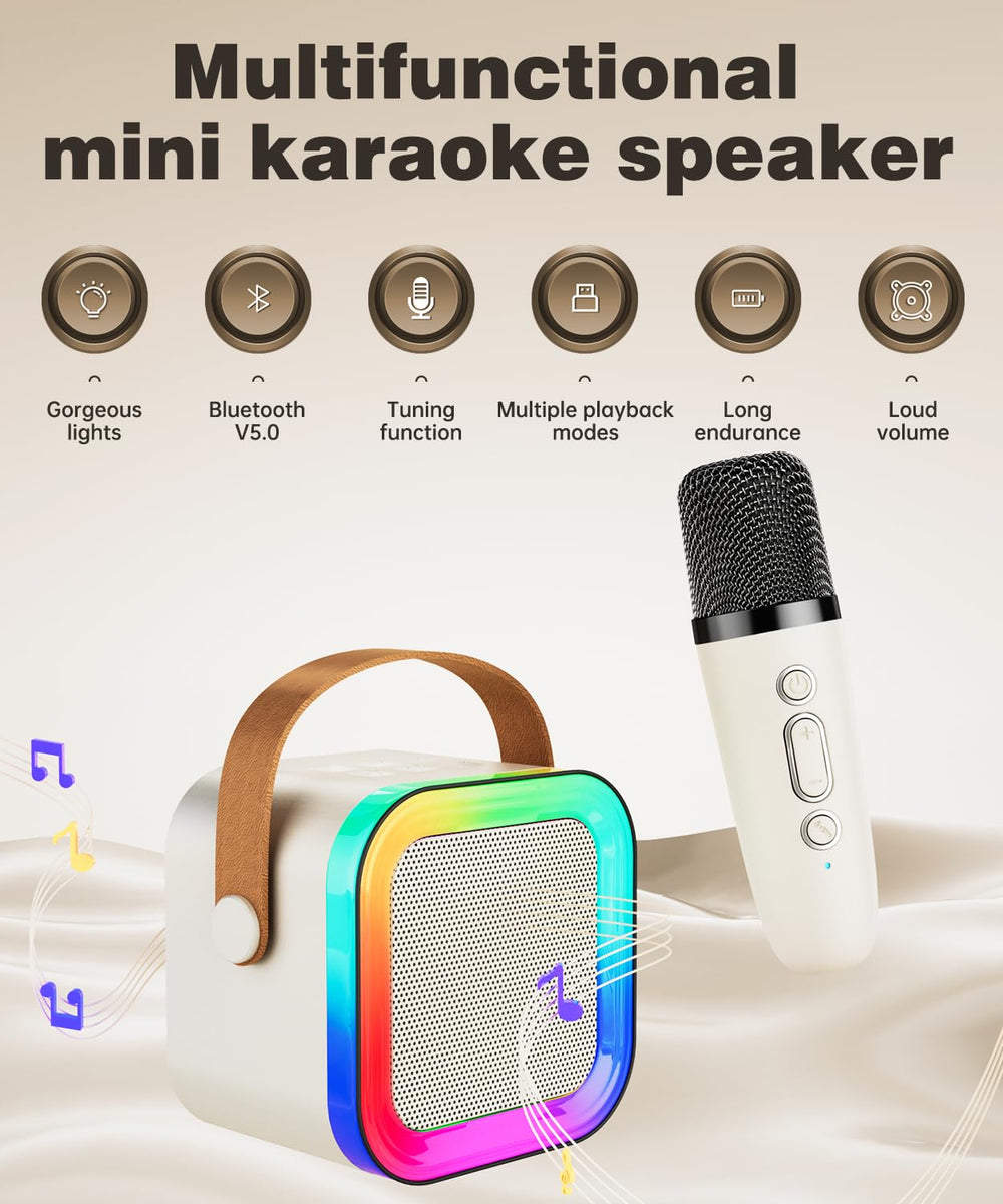 Feix g mini karaoke machine with two wireless microphones for duets.