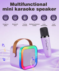 Feix g mini karaoke purple with two wireless microphones included.