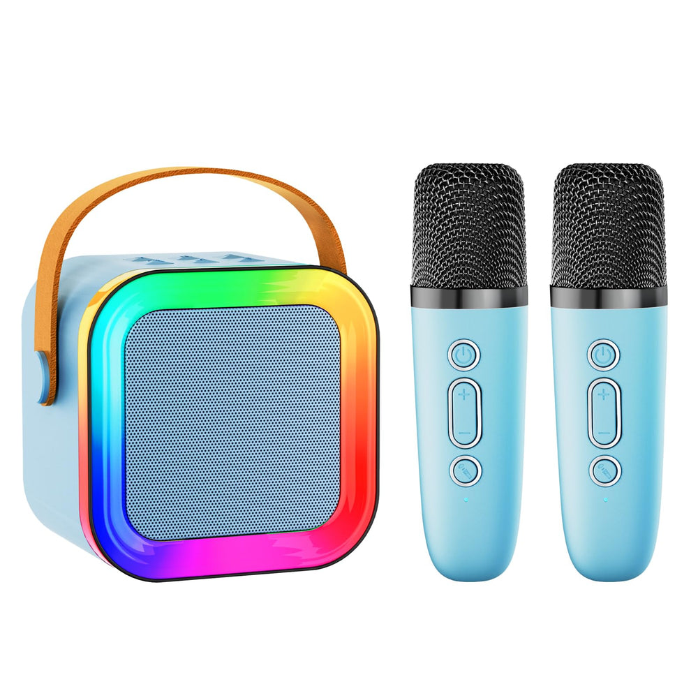 Feix g mini karaoke blue front view, portable family entertainment device.