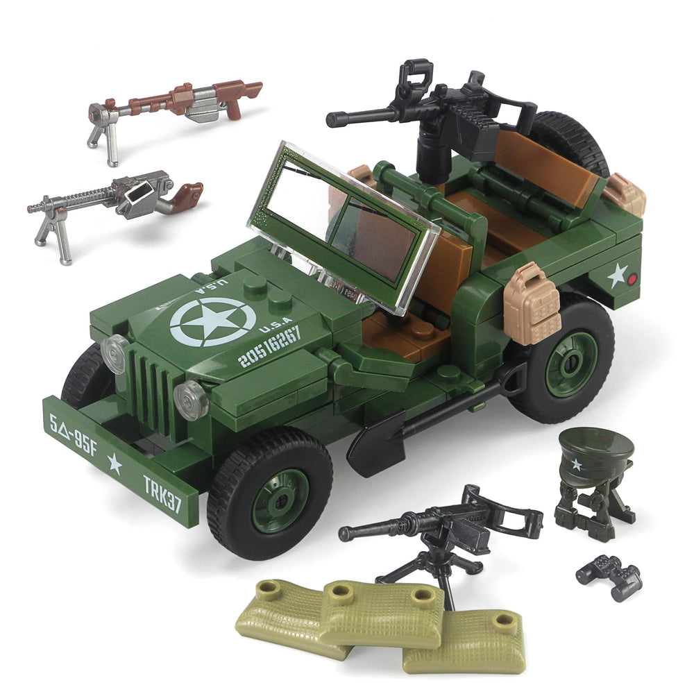 Feleph WW2 jeep and tricycle models shown for easy assembly and play value