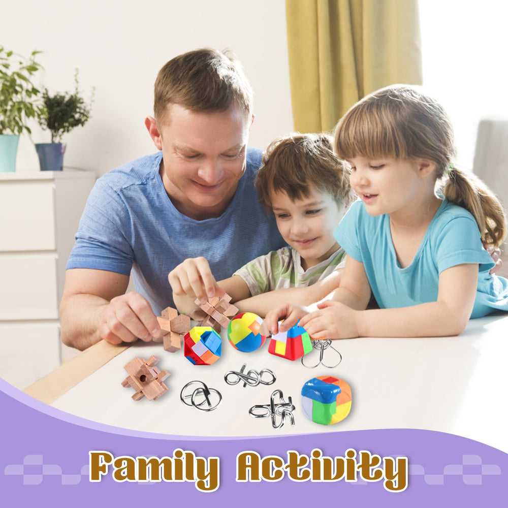 Femicgal multi-material puzzle collection combines wood, plastic, and metal for varied play.