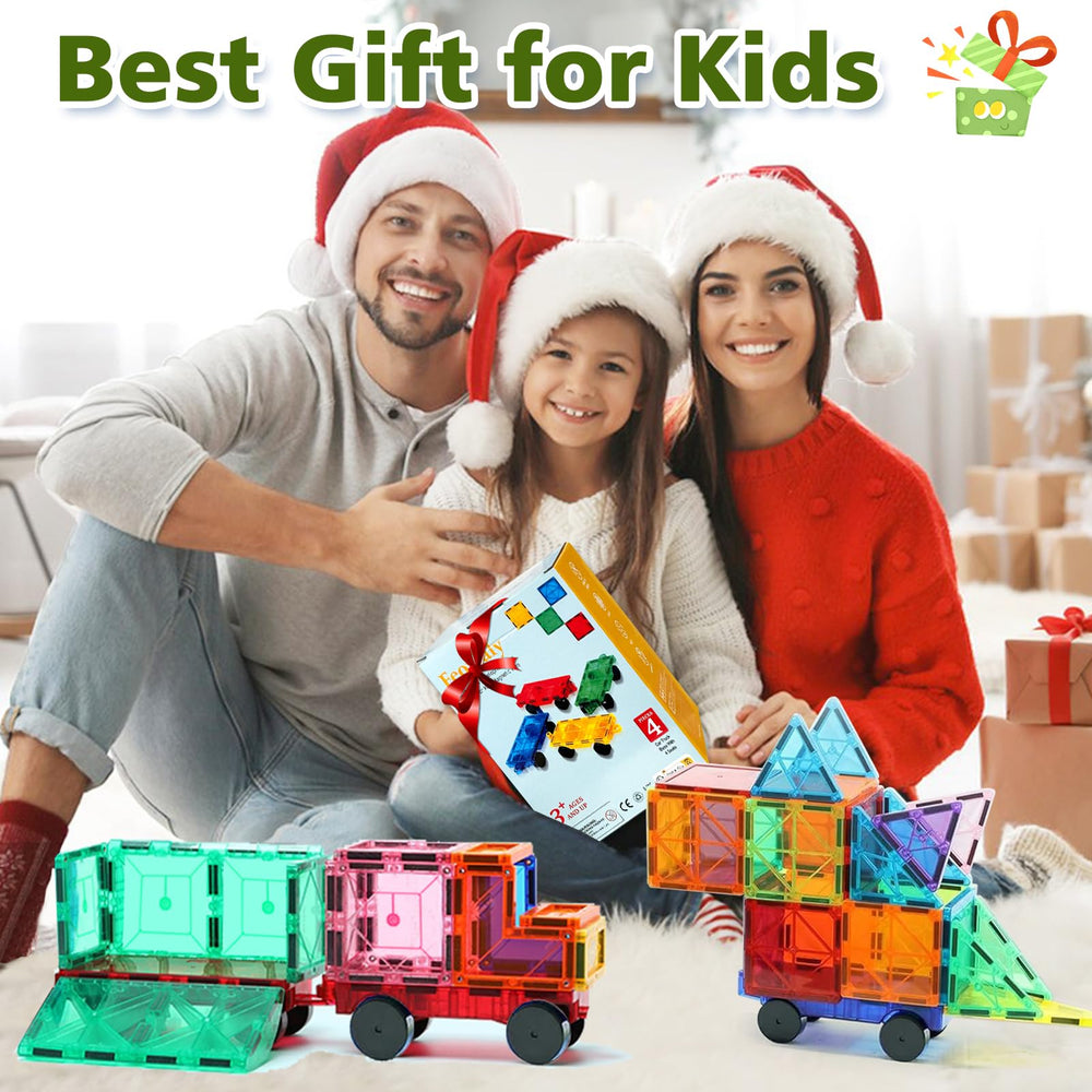 Feoxialy magnetic tiles cars expansion demonstrates compatibility with other brands for bigger projects.