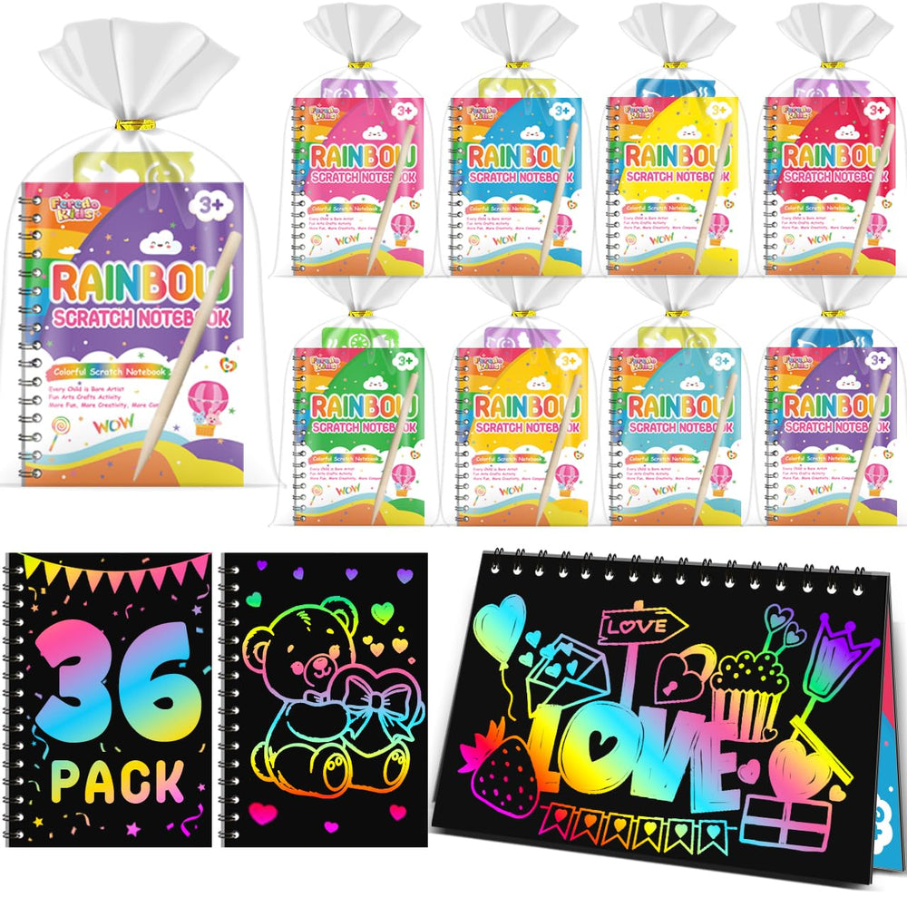 FEREDO KIDS valentines scratch art notebook 36-pack ready for classroom gifts and creative doodling.