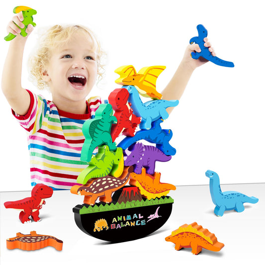 FFTROC dinosaur stacking blocks with a wooden base promote spatial skills.