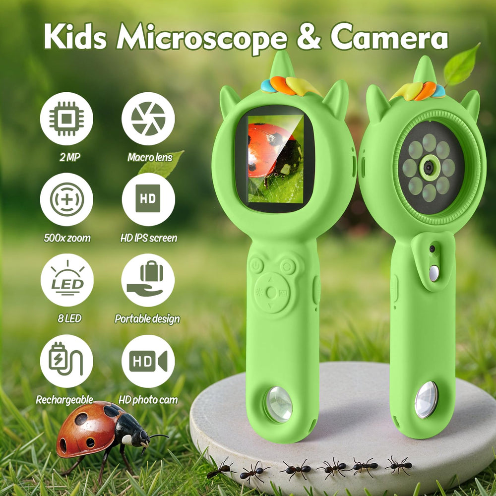 FHskFH Kids Microscope offers 500x magnification for detailed bug, leaf, and fabric study.