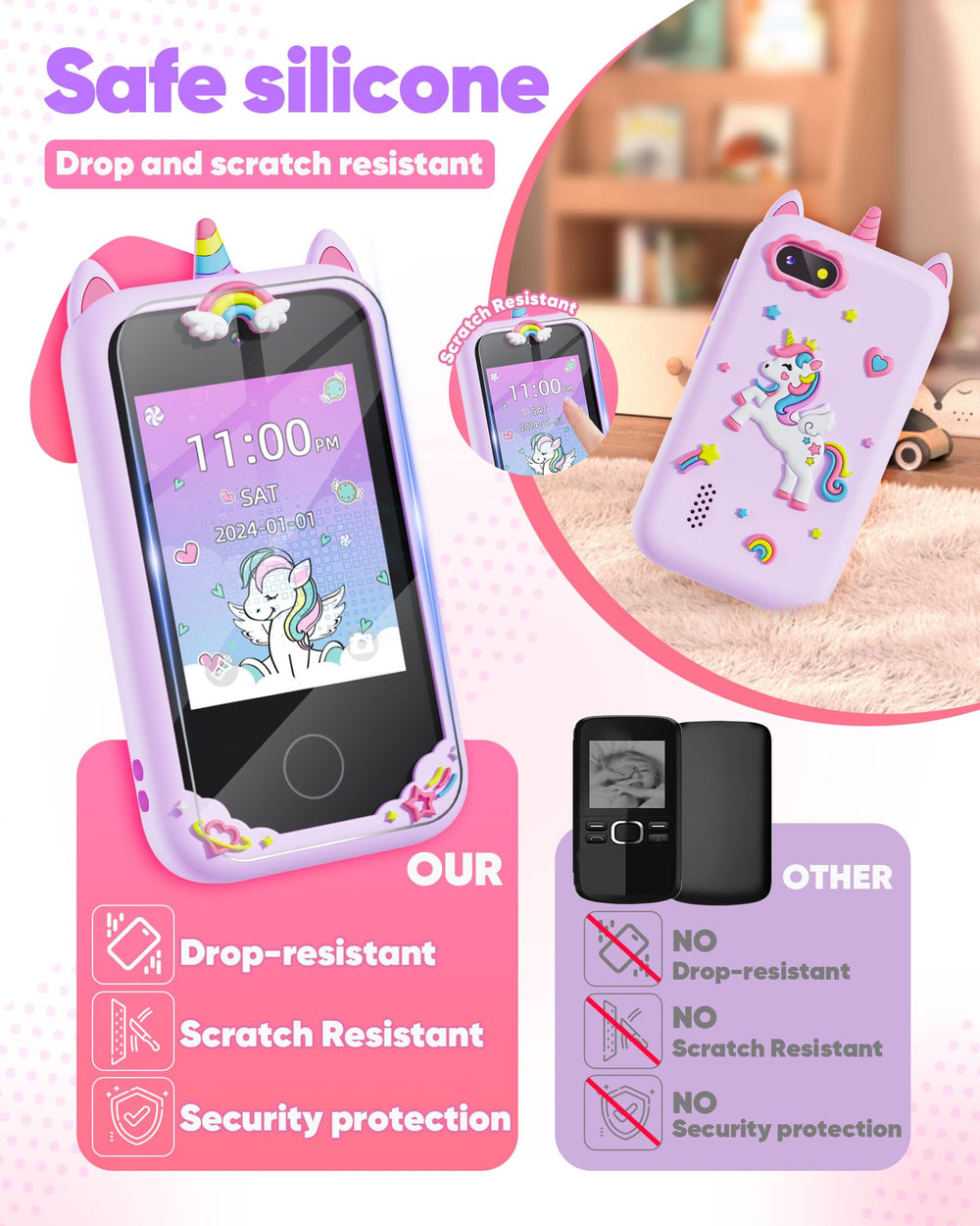 Fiechcco Kids Smart Phone Purple adjustable brightness for comfortable viewing