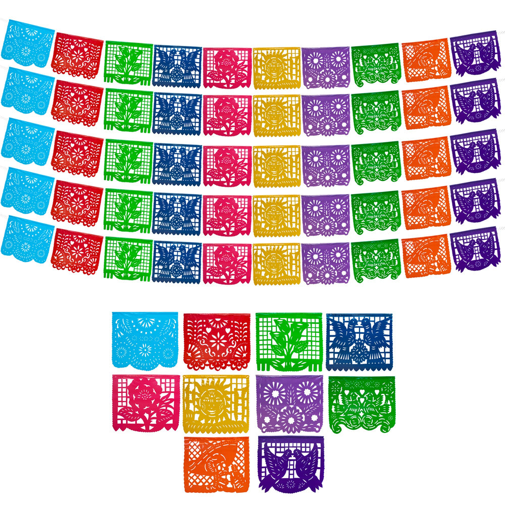 Fiesta Wraps papel picado banner with colorful flags for outdoor fiestas