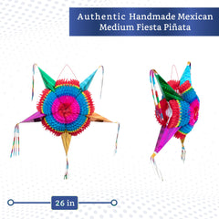 Fiesta Wraps pinata with colorful foil streamers enhances vibrant decor.