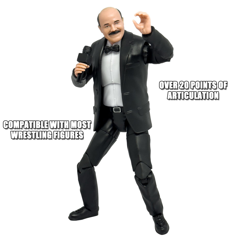 Figures Toy Company Ultimate Classic Commentator in detailed black suit elevates display.