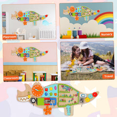 FIIOEOY dinosaur wall panel clocks and locks activity introducing basic life skills safely.