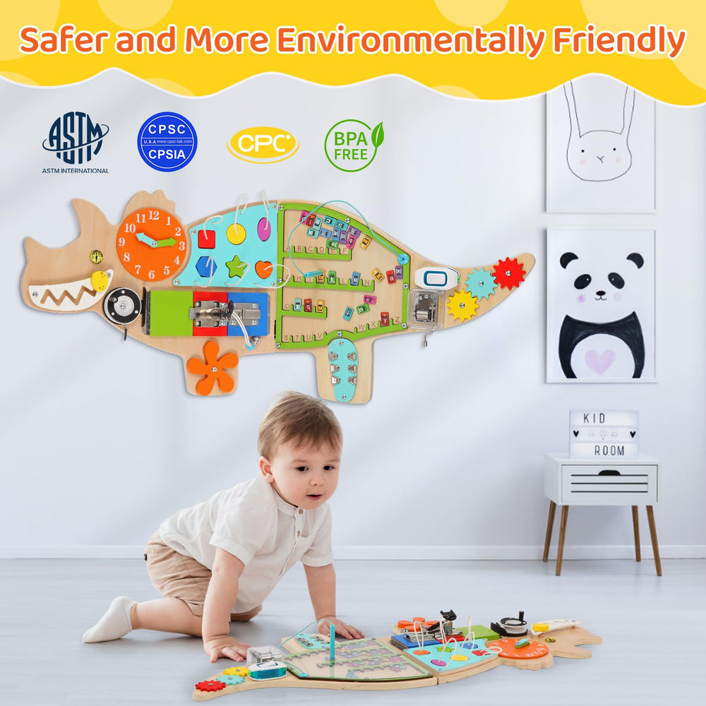 FIIOEOY dinosaur wall panel shape sorting activity for early geometry and tactile learning.