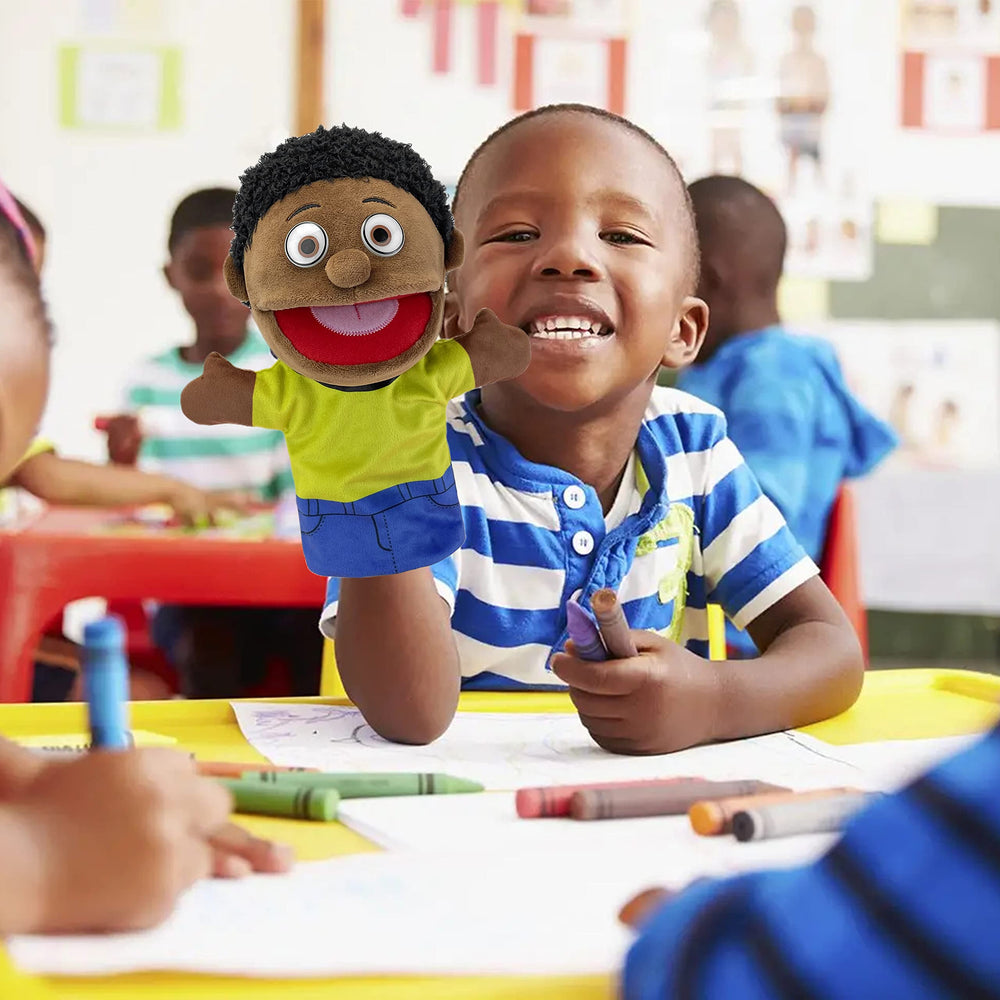 FIMIGID African-style boy puppet supports character-based learning and fun scenarios.