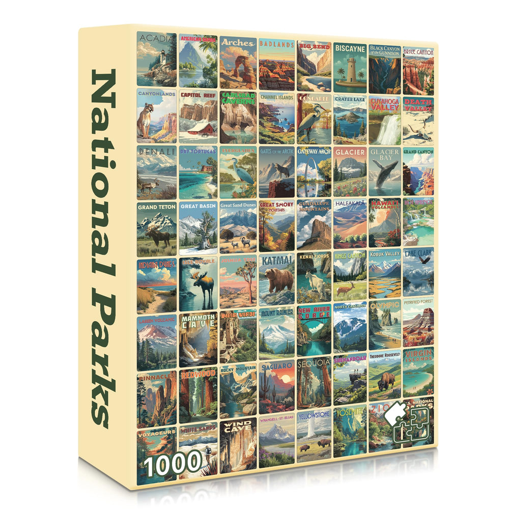 Final Piece Puzzles National Parks poster image showing the collage artwork for easy sorting.