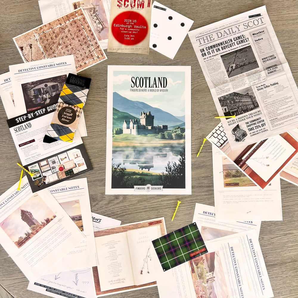 Finders Seekers Scotland clue poster highlights puzzle challenges for curious players.