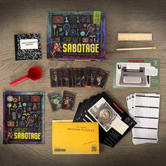 Finders Seekers Sneaky Sabotage detective kit laid out for immersive investigation.