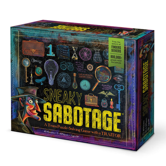 Finders Seekers Sneaky Sabotage game box ready for a covert team puzzle night.