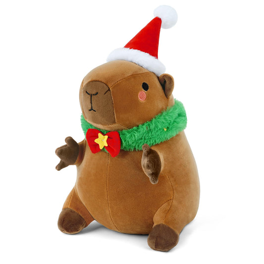 Finebee capybara Christmas plush wearing a Santa hat for festive decor.