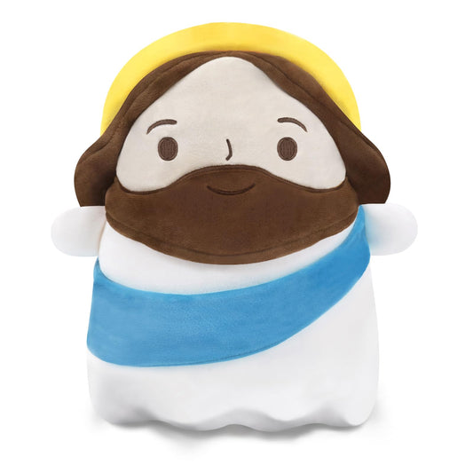 Finebee Jesus Plush with blue robe and outstretched arms provides comforting display.