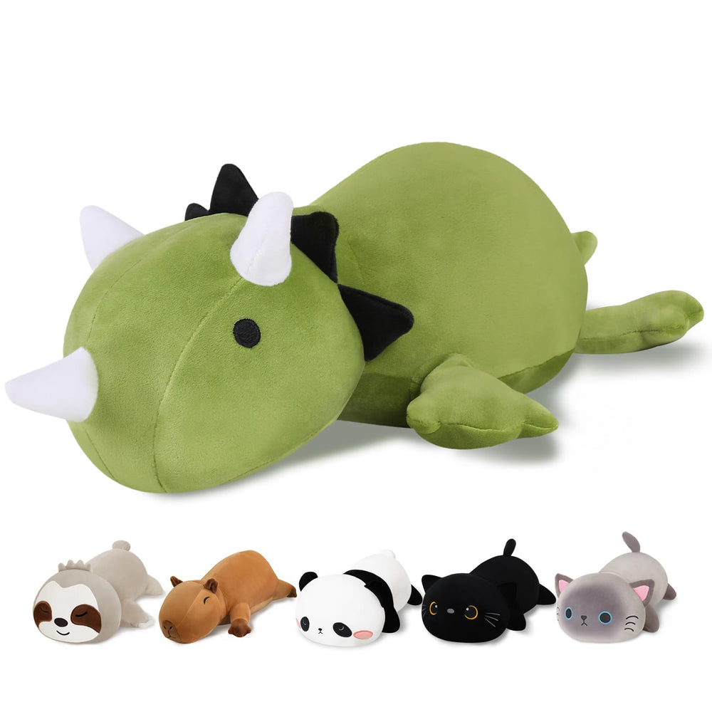 Finebee weighted dinosaur plush front view with ultra-soft fabric for cozy hugs.