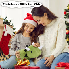 A child hugs the Finebee weighted dinosaur plush, illustrating comforting appeal.