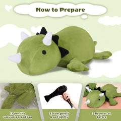 Finebee weighted dinosaur plush vacuum packaging demonstrates compact delivery.