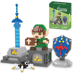 Finger Rock link-building set with Master Sword and Hylian Shield for desk display and play.