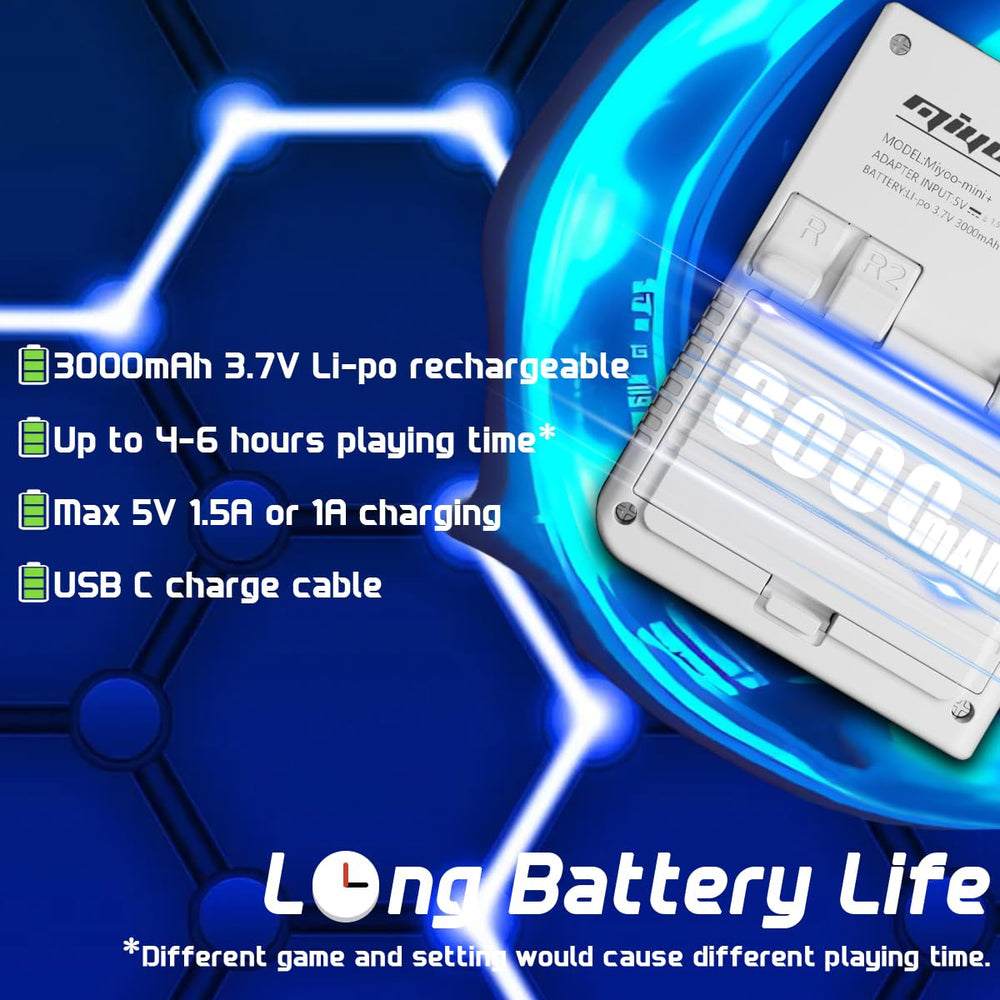 FINGEREVO Miyoo Mini Plus battery view shows 3000mAh for longer play sessions.