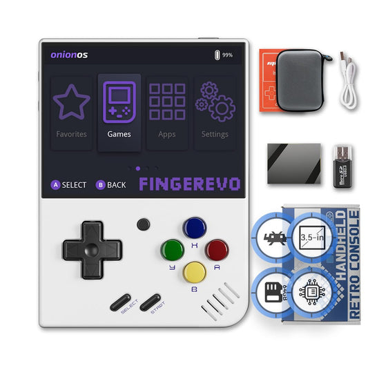 FINGEREVO Miyoo Mini Plus front view for portable handheld gaming on the go.