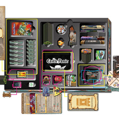 Castle Panic Big Box 2e components laid out for quick setup and learning.