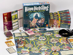 Ham Helsing dice and tokens capture tactile setup and strategic resource tracking.