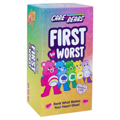 FIRST TO WORST Care Bears cards show vibrant characters for lively family game night.