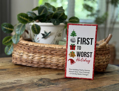 FIRST TO WORST Holiday Edition rules sheet outlines quick, family-friendly gameplay.