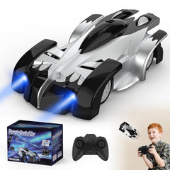 FirYawee wall-climbing RC car on smooth wall showing indoor fun