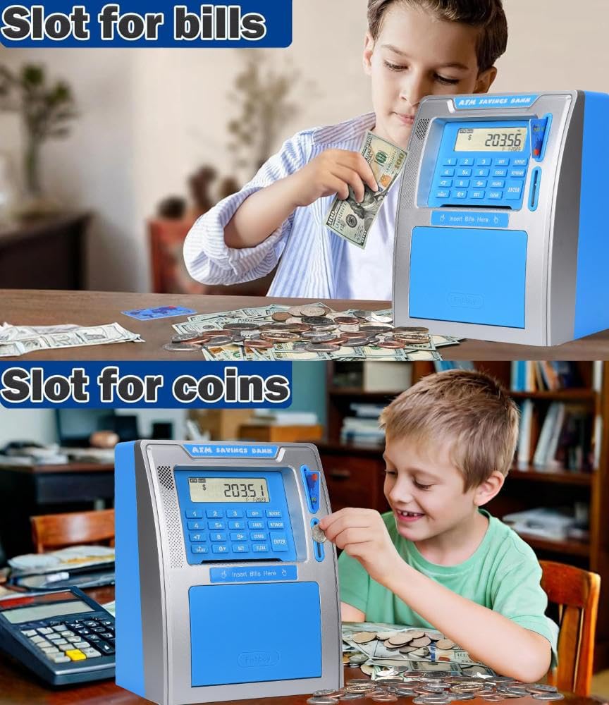 Fishboy ATM piggy bank debit card access with PIN prompts for real money use.