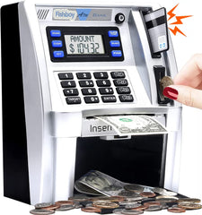 Fishboy ATM piggy bank with debit card shows deposits and balance for real-money lessons.