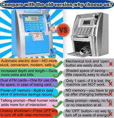 Fishboy ATM piggy bank power-off memory preserves data during battery changes.