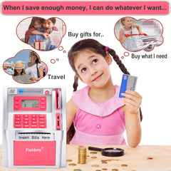 Fishboy Pink ATM Piggy Bank balance display shows real-time totals