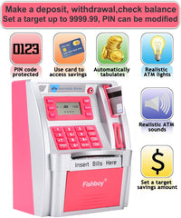 Fishboy Pink ATM Piggy Bank coin slot reads coins to track the balance