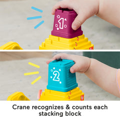 Fisher-Price Count & Stack Crane lights up with music and prompts play.