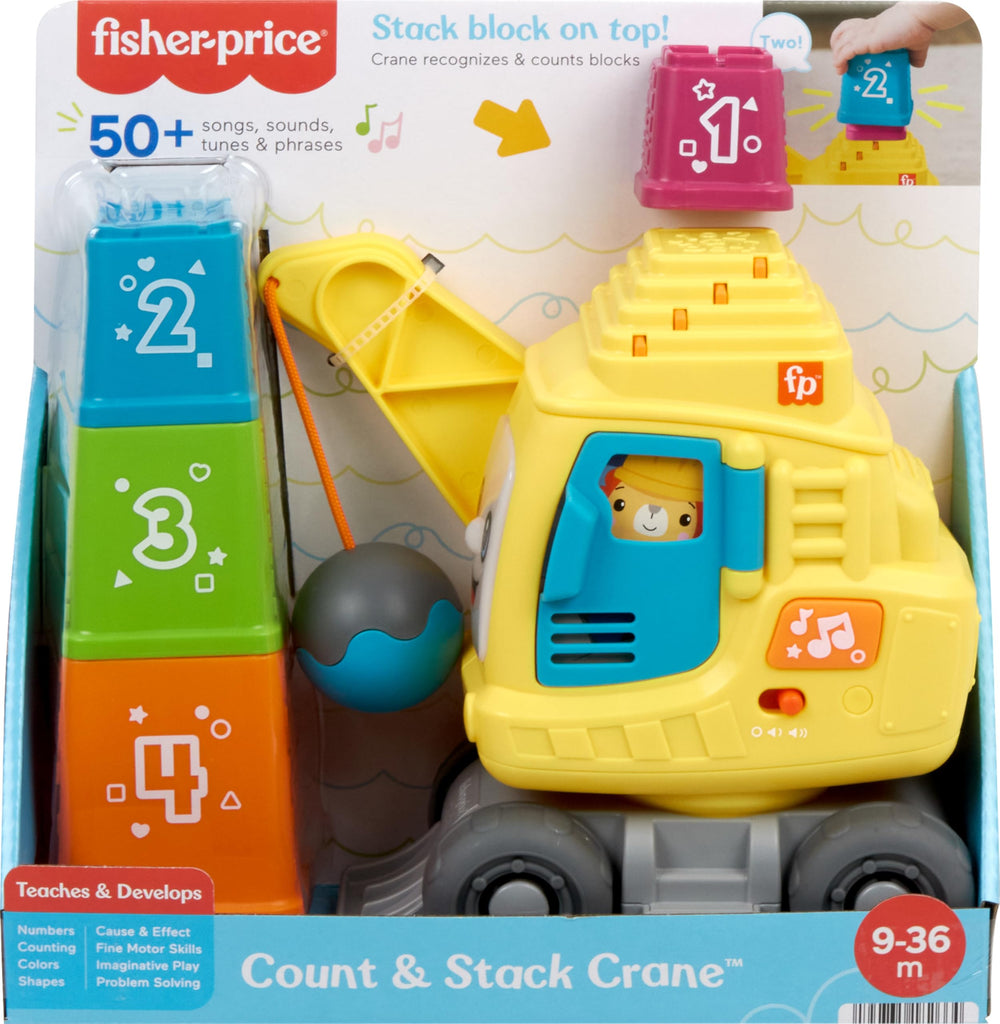 Fisher-Price Count & Stack Crane push-along toy motivates crawling and motor practice.